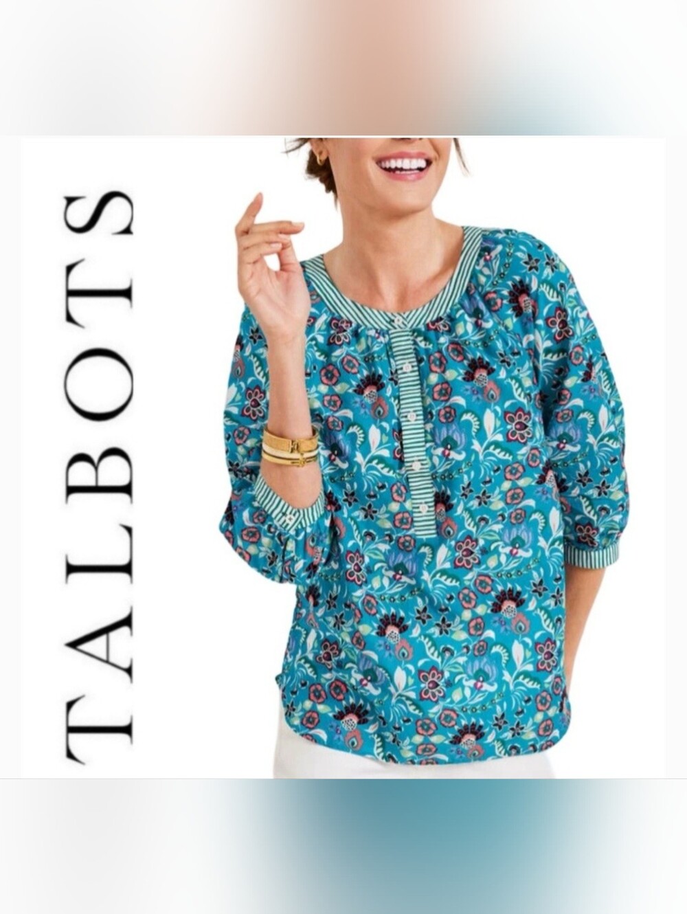 Talbots Jacobean Floral  Popover Vibrant Large Top